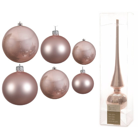 Groot pakket glazen kerstballen 50x lichtroze glans/mat 4-6-8 cm met piek glans