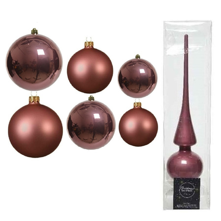Large set glass Christmas boubles 50x pieces old pink 4-6-8 cm with tree topper gloss