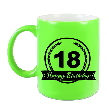 Happy Birthday 18 years mug neon green with hearts 330 ml