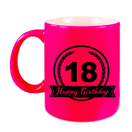 Happy Birthday 18 years mug neon pink with hearts 330 ml