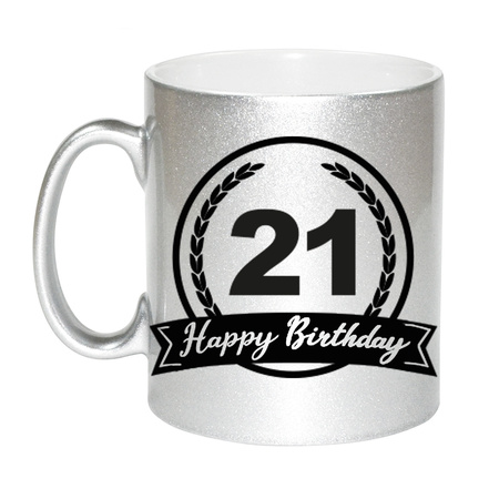Happy Birthday 21 years mug silver with hearts 330 ml
