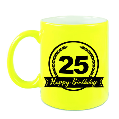 Happy Birthday 25 years mug neon yellow with hearts 330 ml