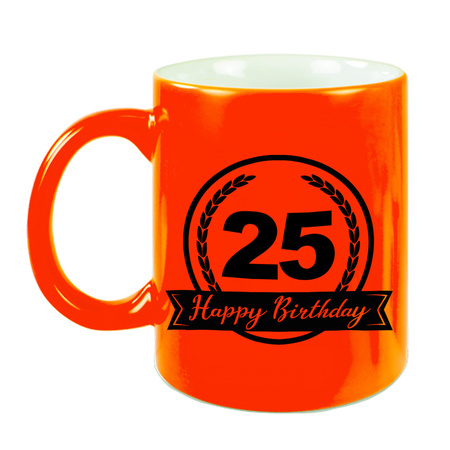Happy Birthday 25 years mug neon orange with hearts 330 ml