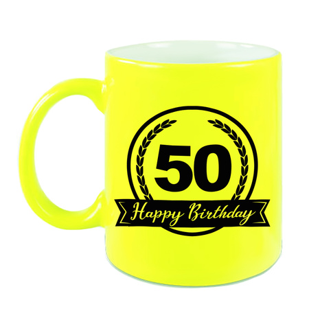 Happy Birthday 50 years mug neon yellow with hearts 330 ml