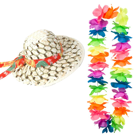 Tropical Hawaii party carnaval set - Caribbean straw hat - flowers guirlande in multi colour mix
