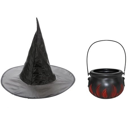 Witches accessories set hat with kettle 15 cm for girls