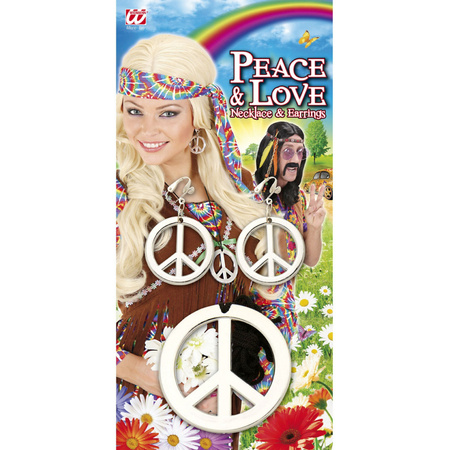 Hippie Flower Power Sixties sieraden set ketting met oorbellen peace tekens