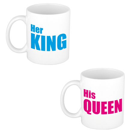 His queen and her king cadeau mok / beker wit met roze en blauwe letters 300 ml