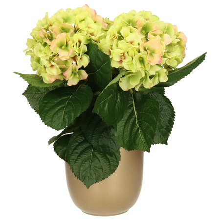 Hortensia kunstplant/kunstbloemen 36 cm - groen/roze - in pot goud glans