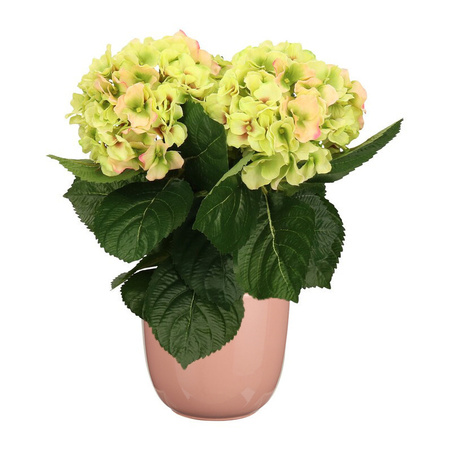 Hortensia kunstplant/kunstbloemen 36 cm - groen/roze - in pot lichtroze glans
