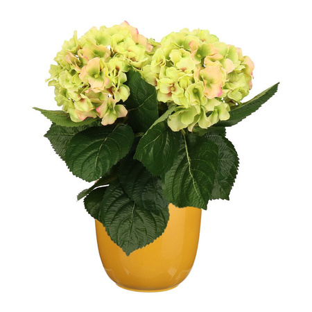 Hortensia kunstplant/kunstbloemen 36 cm - groen/roze - in pot okergeel glans