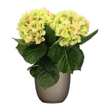 Green/pink Hydrangea artificial plant - 36 cm - in pot taupe matt