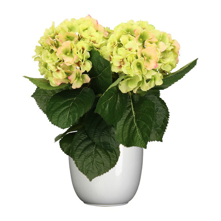 Hortensia kunstplant/kunstbloemen 36 cm - groen/roze - in pot wit glans