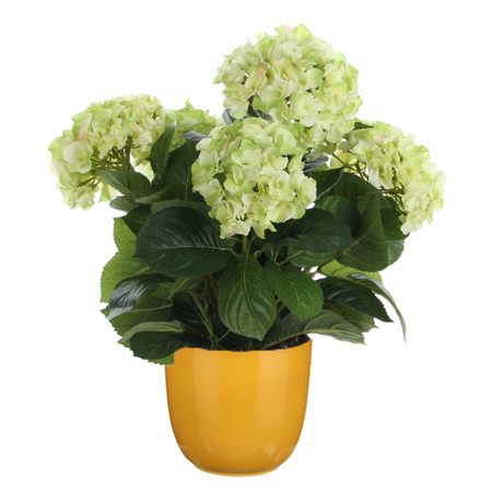 Hortensia kunstplant/kunstbloemen 45 cm - groen - in pot okergeel glans