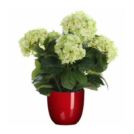 Hortensia kunstplant/kunstbloemen 45 cm - groen - in pot rood glans