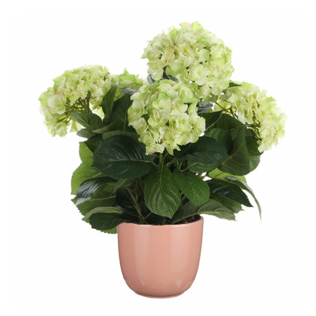 Green Hydrangea artificial plant - 45 cm - in pot pink gloss
