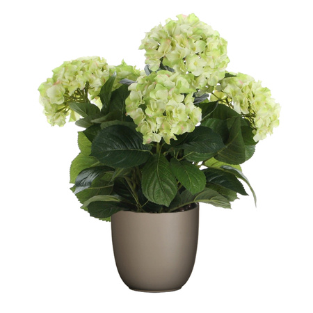 Hortensia kunstplant/kunstbloemen 45 cm - groen - in pot taupe mat