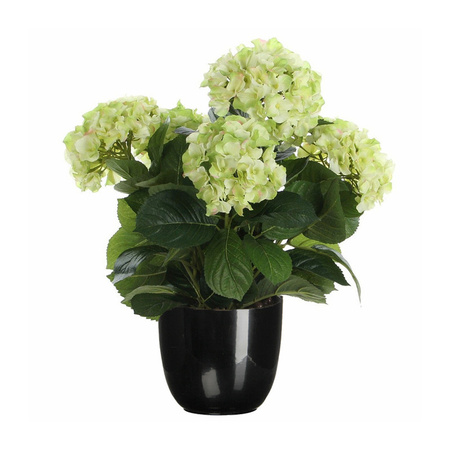 Hortensia kunstplant/kunstbloemen 45 cm - groen - in pot zwart glans