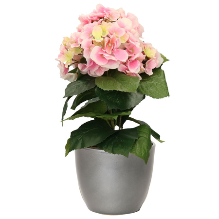 Artificial Hydrangea plant light pink - in pot metallic silver - 40 cm