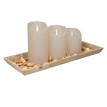 Wooden tray with stones and 3 LED candles in beige colour 39 x 15 cm