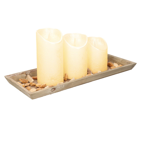 Wooden tray cremeh stones and 3 LED candles in cream colour 39 x 15 cm