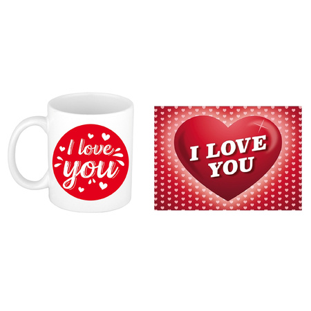 I love you mug / cup white red circle and white hearts 300 ml with I Love You Valentine postcard