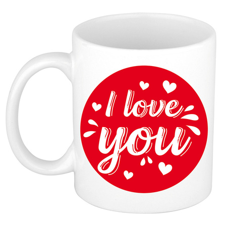 I love you mug / cup white red circle and white hearts 300 ml with I Love You Valentine postcard