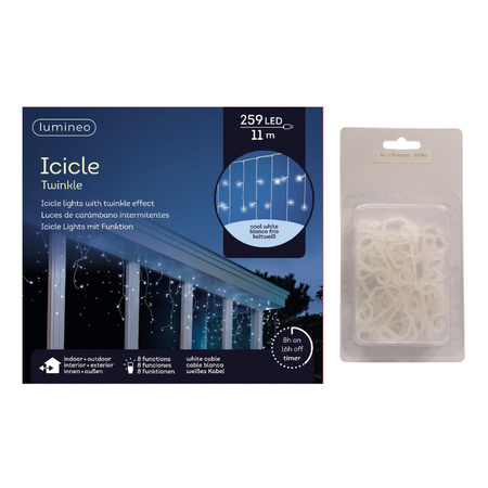 Christmas lights LED cool white icicle 259 lights with 24x gutter hanging hooks