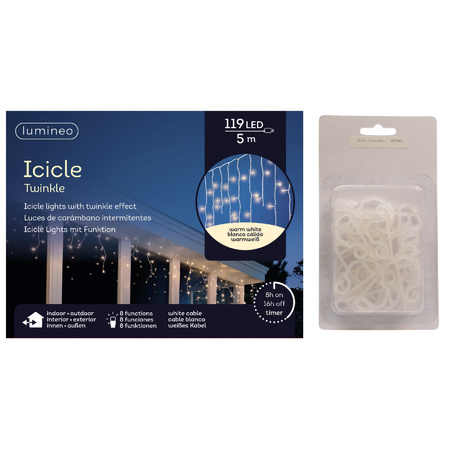 Christmas lights LED warm white icicle 119 lights with 24x gutter hanging hooks