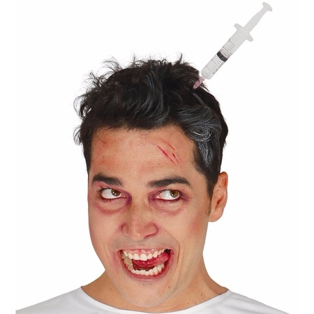 Syringe in head headband 