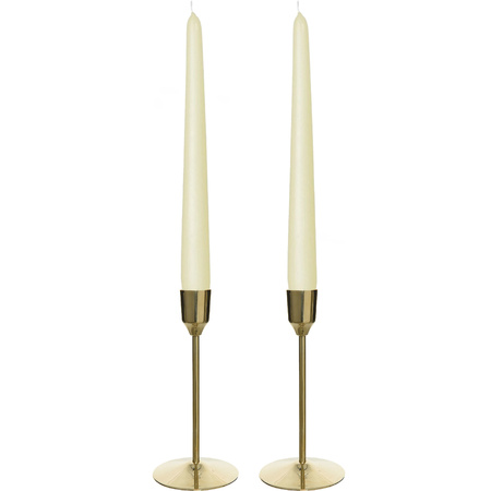 Candle holders set 2x aluminium gold 20 cm with 12x ivory white candles 25 cm