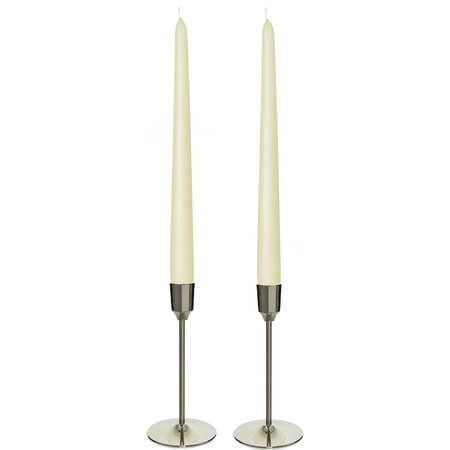 Candle holders set 2x aluminium silver 15 cm with 12x ivory white candles 25 cm