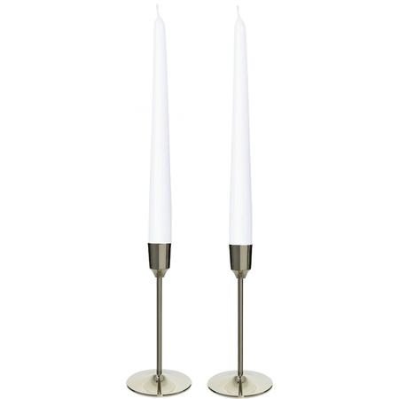 Candle holders set 2x aluminium silver 15 cm with 12x white candles 25 cm