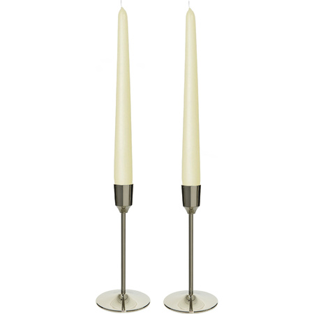 Candle holders set 2x aluminium silver 20 cm with 12x ivory white candles 25 cm
