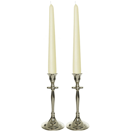 Candle holders set 2x aluminium silver 20 cm with 12x ivory white candles 25 cm