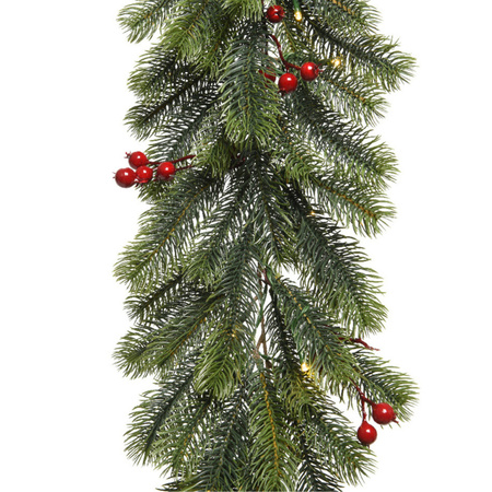Christmas pine garland green with warm white leds and decoration 30 x 180 cm