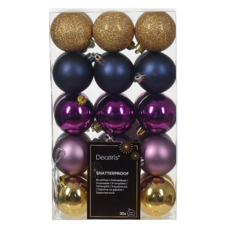 Christmas baubles 30x pcs - gold/blue/purple- and star topper gold- plastic