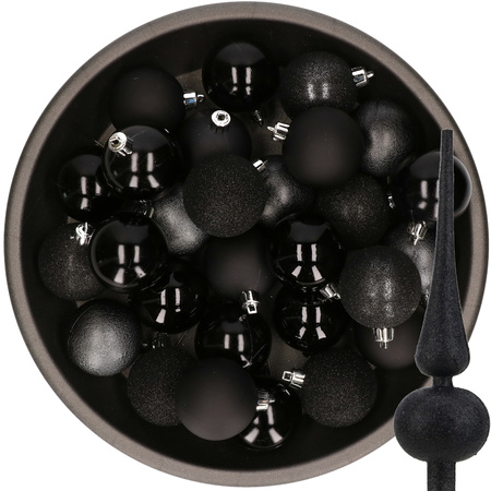 Kerstballen 48x stuks 6 cm incl. glitter piek zwart kunststof