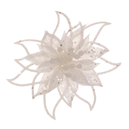 Christmas decoration flower on clip - 2x- white - 14 cm - glitter