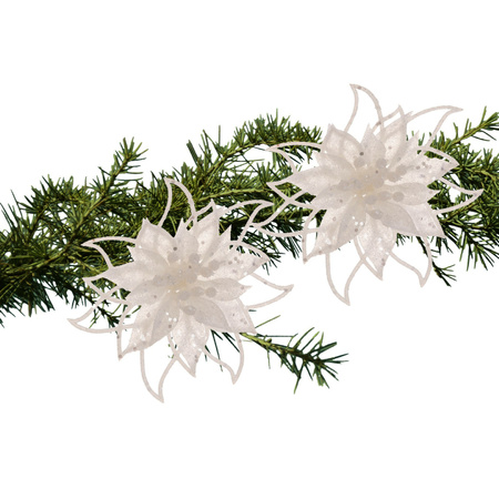 Christmas decoration flower on clip - 2x- white - 14 cm - glitter