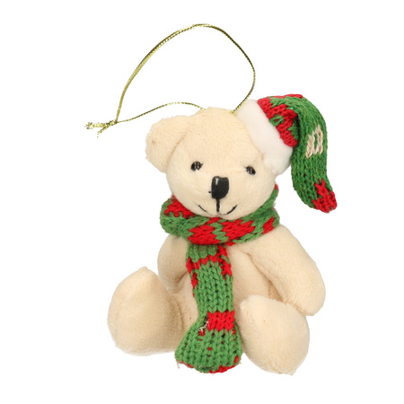 3x Kersthangers knuffelbeertjes wit en beige en bruin met gekleurde sjaal en muts 7 cm