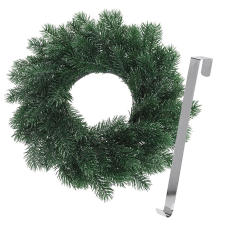 Kerstkrans 35 cm - blauwgroen - met zilveren hanger/ophanghaak - kerstversiering