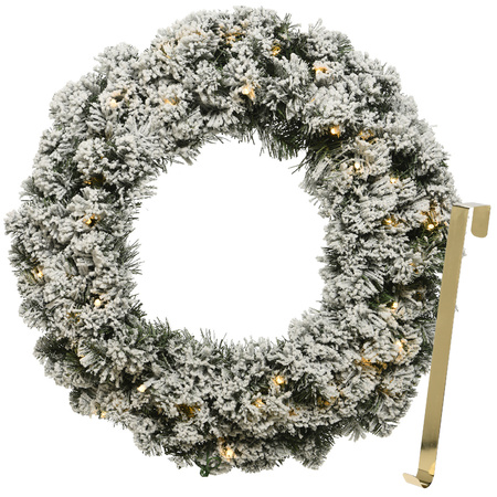 Christmas wreath 50 cm - green with led - snowy - with gold hanger