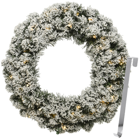 Christmas wreath 50 cm - green with led - snowy - with silver hanger