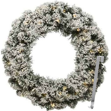 Christmas wreath 60 cm - green with led - snowy - with silver hanger