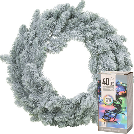 Christmas wreath green with snow 46 cm incl. lights coloured 4m