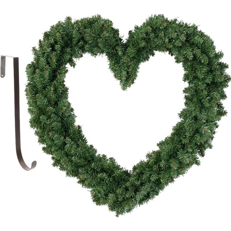 Christmas wreath heart shape green 50 cm plastic incl. door hanger