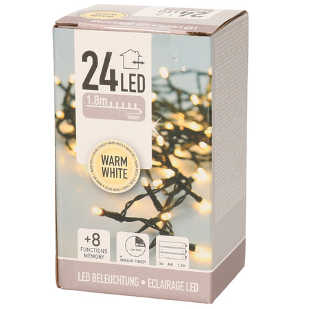 Kerstverlichting - 24 LED lampjes - warm wit - op batterij - met timer - 2 M