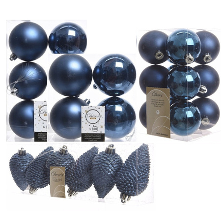 Kerstversiering kunststof kerstballen donkerblauw 6-8-10 cm pakket van 50x stuks
