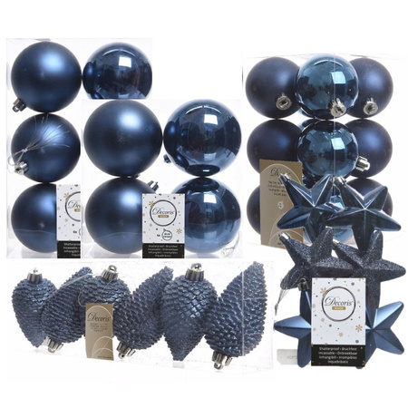 Kerstversiering kunststof kerstballen donkerblauw 6-8-10 cm pakket van 68x stuks